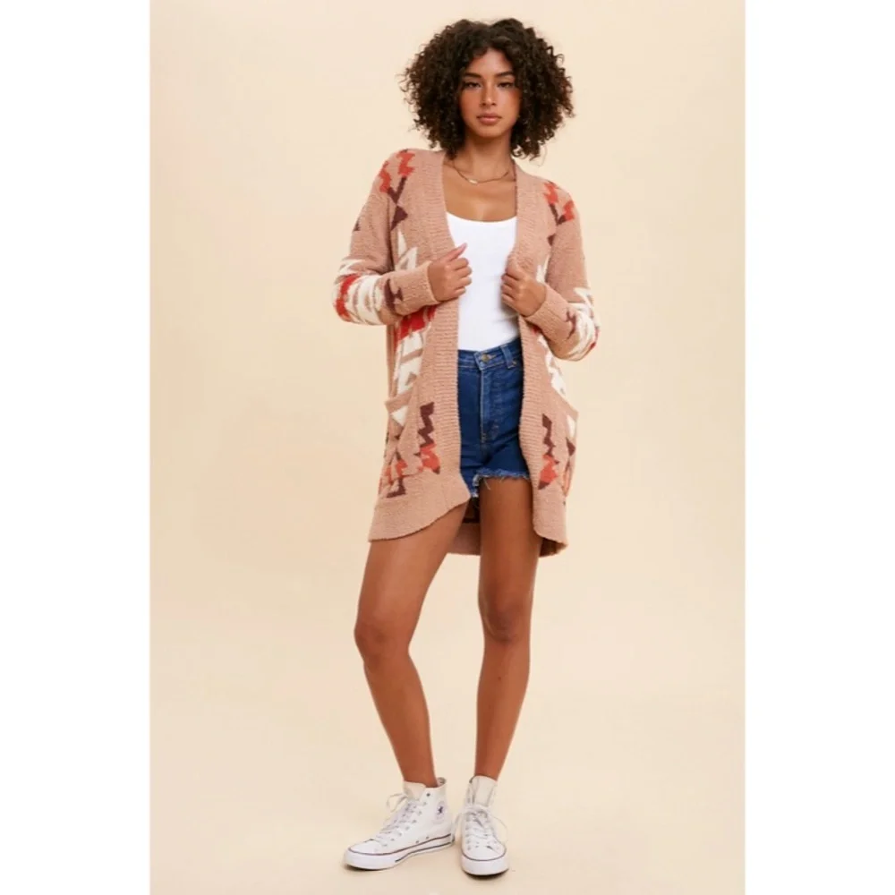 SOLD OUT Sand Multi Color Aztec Tribal Fuzzy Soft Knit Cardigan Sweater - Picture 10 of 11